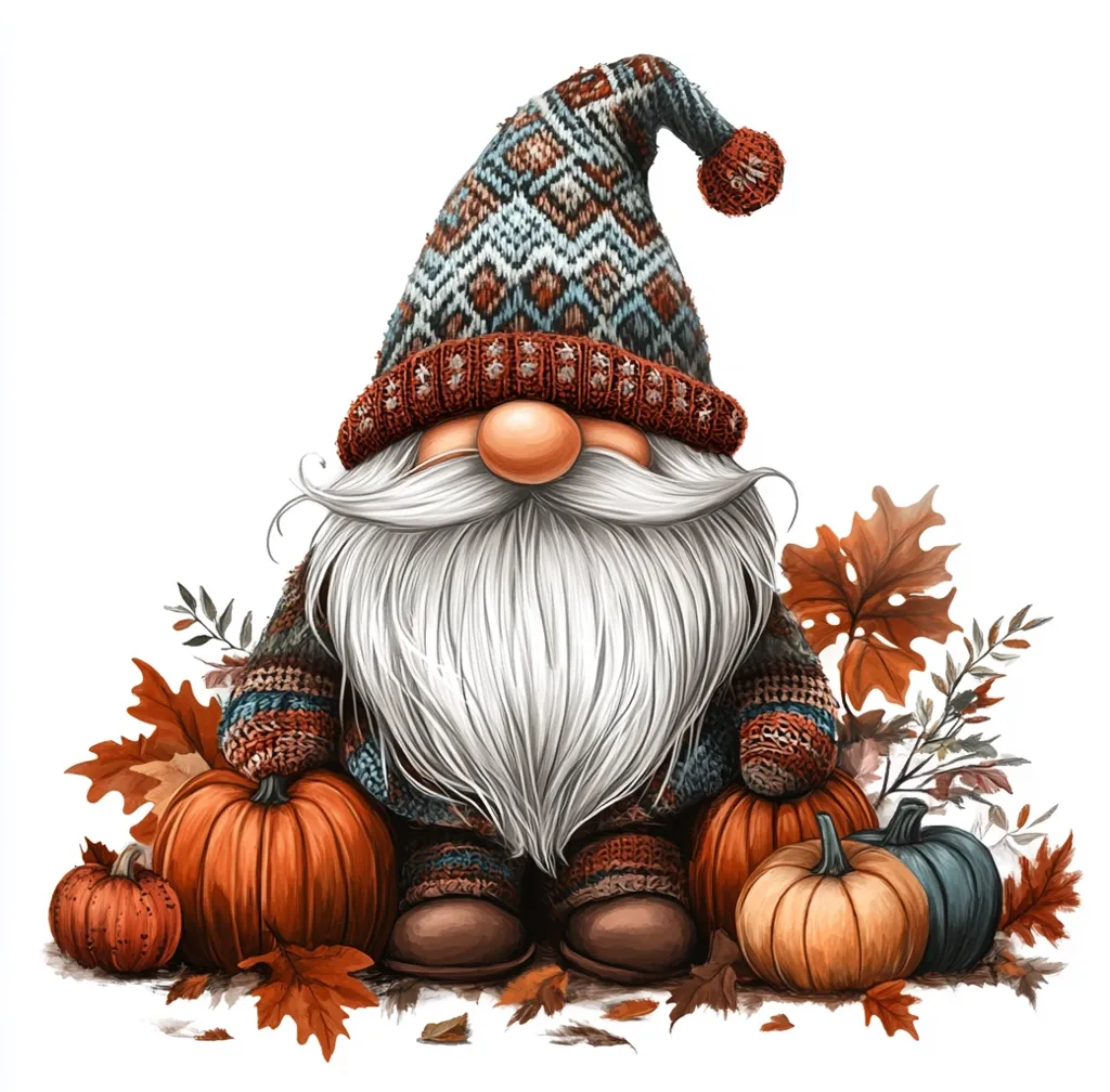 A friendly gnome with a long white beard, wearing a blue and brown knitted hat, stands amidst a collection of pumpkins and autumn leaves. He's dressed in a knitted sweater with mittens, creating a cozy and festive feel. The background is a simple white, highlighting the gnome and his autumn surroundings.  The image captures the essence of fall with its warm colors and cheerful character.