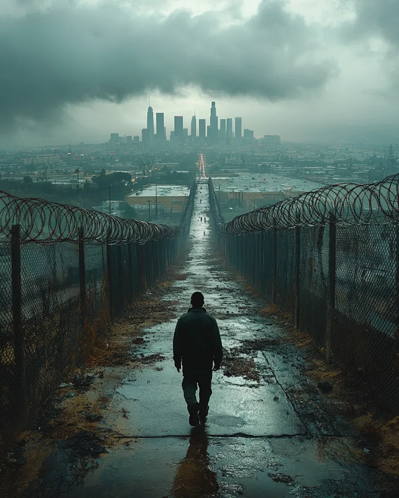 A lone figure walks down a concrete path lined with barbed wire fences, towards a distant city skyline shrouded in fog. The sky is overcast, and the atmosphere is heavy and somber. The man's silhouette against the bleak cityscape creates a sense of isolation and mystery. The image evokes a feeling of confinement and a longing for something beyond the reach of the fence.