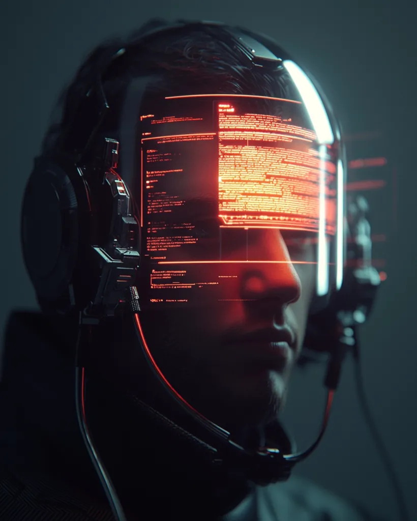 The image shows a close-up of a person wearing a futuristic helmet with a transparent visor. The visor displays glowing red digital information, likely code or data. The person's face is obscured by the helmet, but the lines of the code and the helmet's design evoke a sense of technology and mystery. The image has a dark and moody atmosphere, creating a sense of intrigue.