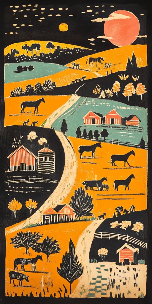 A colorful illustration of a rural landscape with a winding path. There are various farmhouses, barns, and trees, with horses and other animals scattered throughout the scene. The sky is a deep blue with stars and a large red moon. The image is a simple and charming representation of countryside life.