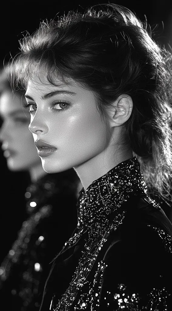 A black and white portrait of a young woman with her hair styled in a messy bun. She is wearing a sparkly top and looking directly at the camera with a soft expression. The image is shot in a dimly lit setting, with only her face and shoulders illuminated. The woman's  eyes are captivating and her lips are slightly parted. The image is simple, yet elegant, highlighting her natural beauty.