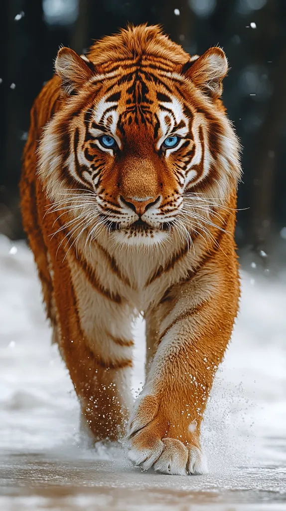 A majestic tiger with piercing blue eyes walks through a snowy landscape. The tiger's orange and black stripes are clearly visible, and its powerful paws leave a trail of water in the snow. The tiger's focused gaze and confident stride convey a sense of power and grace. The background is blurred, drawing attention to the tiger's commanding presence.