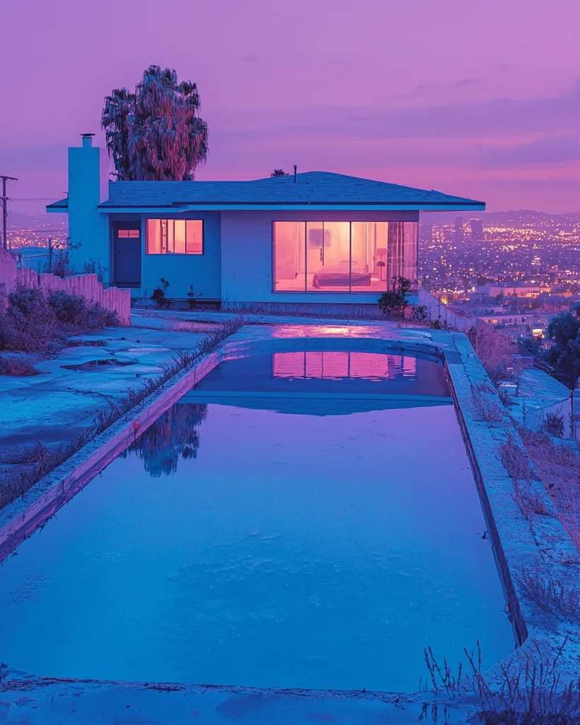 A modern house with large windows sits atop a hill, overlooking a city skyline bathed in the warm glow of twilight. A rectangular swimming pool, reflecting the purple sky, extends from the house towards the viewer. The scene exudes an atmosphere of serene tranquility and luxurious solitude.
