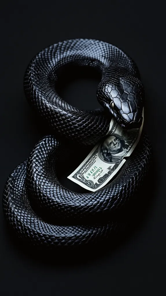 A black snake is coiled around a single US dollar bill. The snake's scales are visible and the bill is partially in its mouth. The background is black. The image evokes a sense of danger and greed.  The snake is a symbol of evil, while the dollar bill is a symbol of wealth. This image could be interpreted as a warning about the dangers of greed.