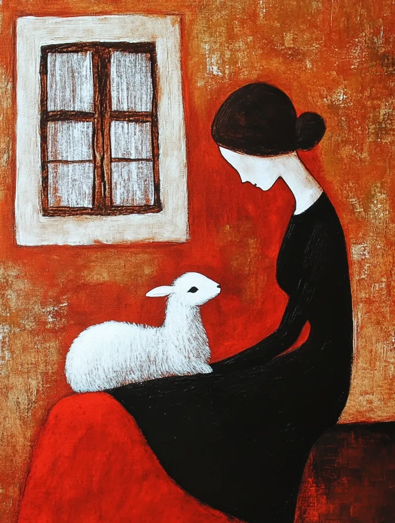 The painting depicts a woman in a black dress sitting with a white lamb on her lap. The background is a vibrant red and orange, and a window with white panes is visible in the upper left corner. The woman's head is bowed, and her expression is serene. The lamb looks up at the viewer with innocence in its eyes. The painting conveys a sense of peace and quiet contemplation.
