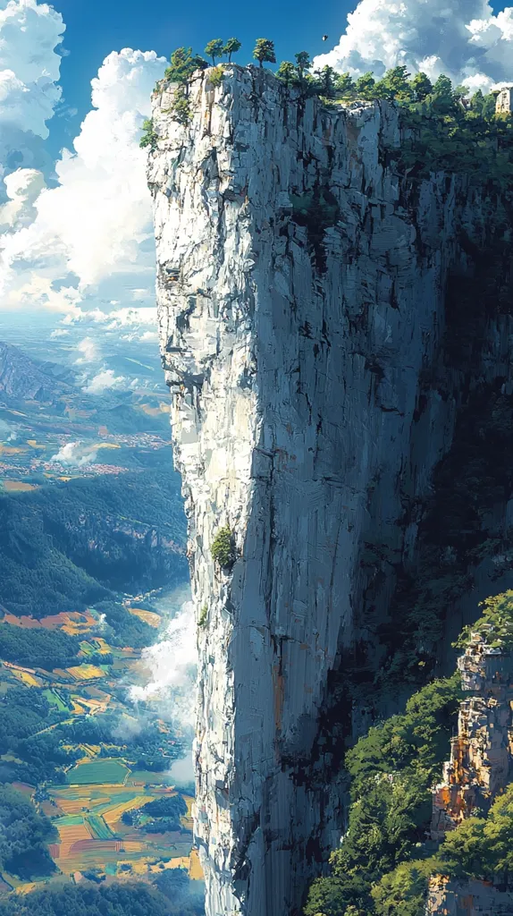 A towering, sheer cliff face rises dramatically from a verdant valley below. The cliff is carved with intricate rock formations and is partially obscured by wispy clouds. The valley is a patchwork of green fields, forests, and small towns. A small cluster of trees sits atop the cliff, adding a touch of color to the otherwise grey stone. The scene is bathed in warm sunlight, creating a sense of serenity and awe.