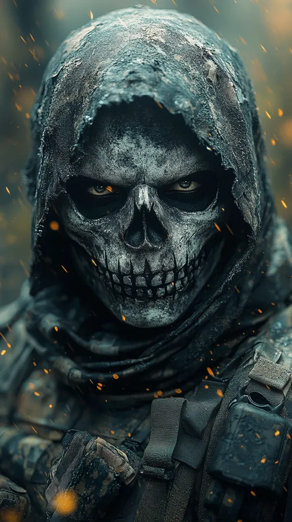 A person wearing a dark hooded cloak and a skull mask, with menacing eyes peering out. The mask is intricately detailed, showcasing a realistic skull with sharp teeth and empty eye sockets. The person is dressed in camouflage gear, suggesting a military or tactical setting.  The image has a dark and gritty aesthetic, enhanced by the presence of sparks and dust particles in the air. The overall mood is one of intimidation and mystery.