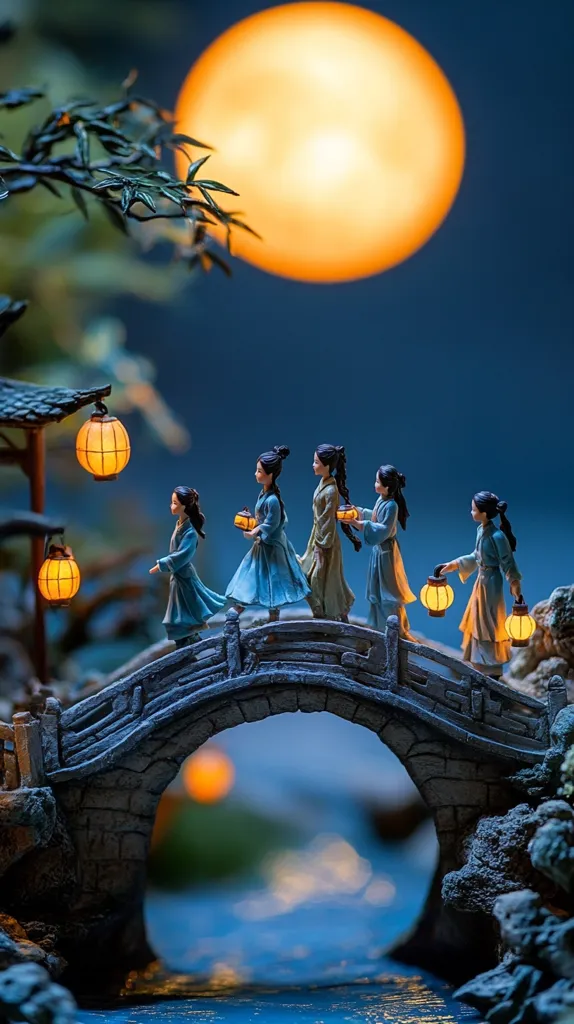 Five miniature women in blue dresses walk across a stone bridge, carrying glowing lanterns. The bridge arches over a river, with a large, glowing moon in the background. The scene is bathed in soft light, creating a magical and serene atmosphere. The image evokes a sense of peace and tranquility.