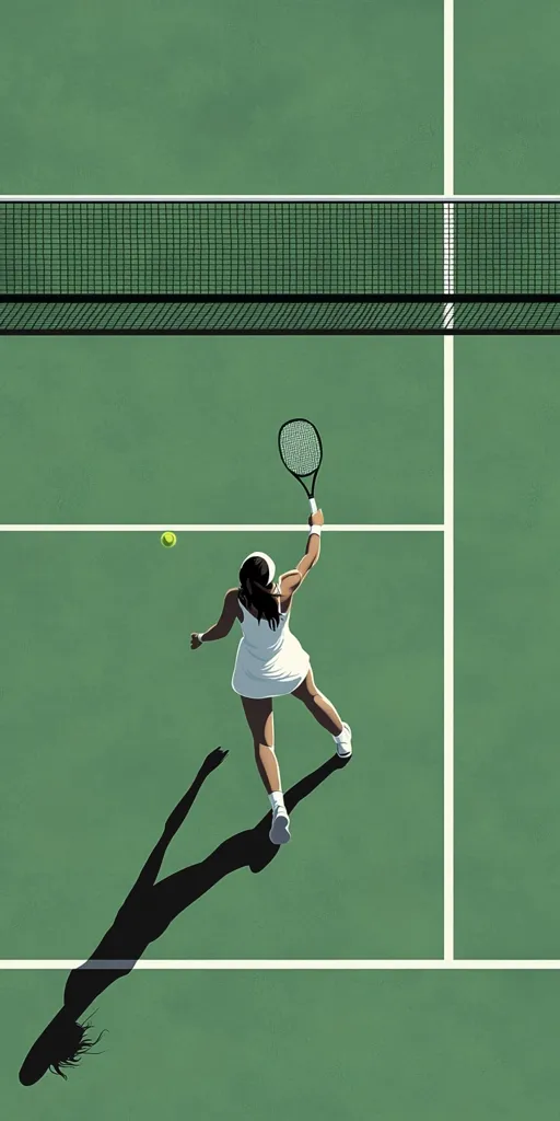 A female tennis player in a white dress swings her racket to hit a yellow tennis ball on a green court with a white line. The player's shadow is cast on the court behind her. The court's net is visible above her. The scene is captured from an overhead perspective.