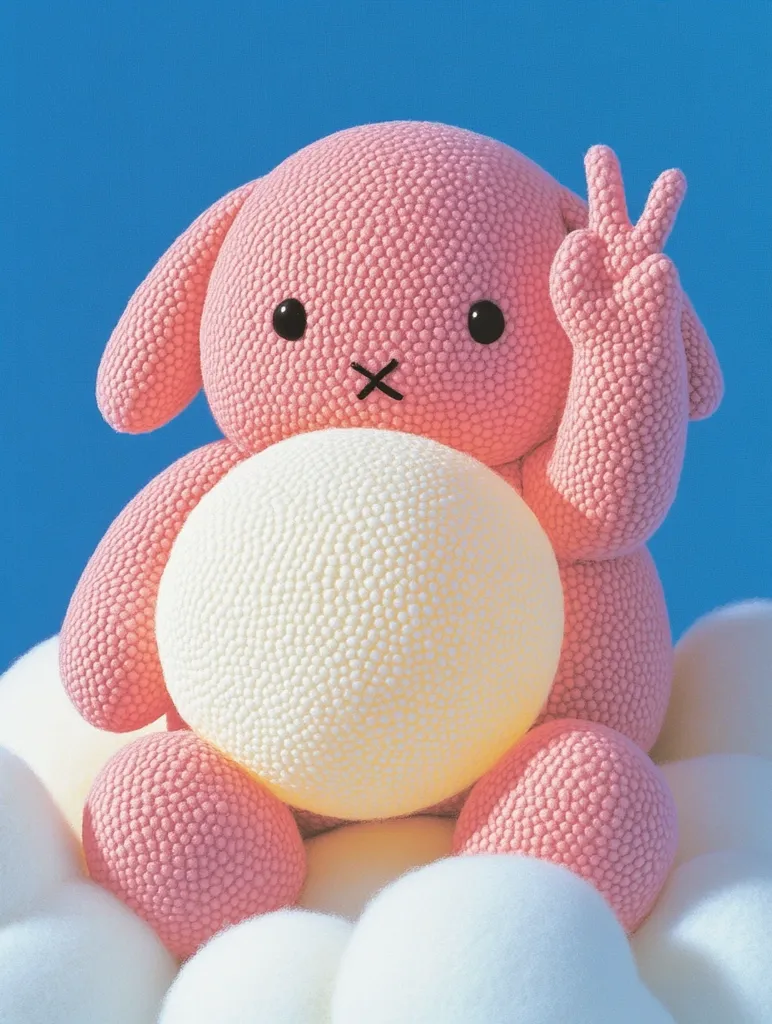 A pink, plush toy with large, round eyes and a small, black X for a mouth sits on a bed of fluffy white clouds. The toy has a large, white, round belly and is holding up two fingers on its right hand in a peace sign. The background is a bright blue sky.
