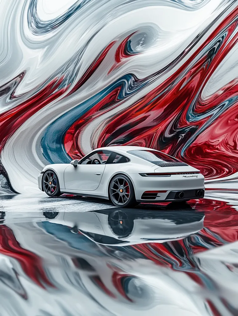 A white Porsche 911 sits on a reflective surface, the background is an abstract swirl of red, blue, and white. The car's sleek design is emphasized by the smooth lines of the background, creating a sense of speed and movement. The reflection of the car adds depth and a sense of symmetry to the image.
