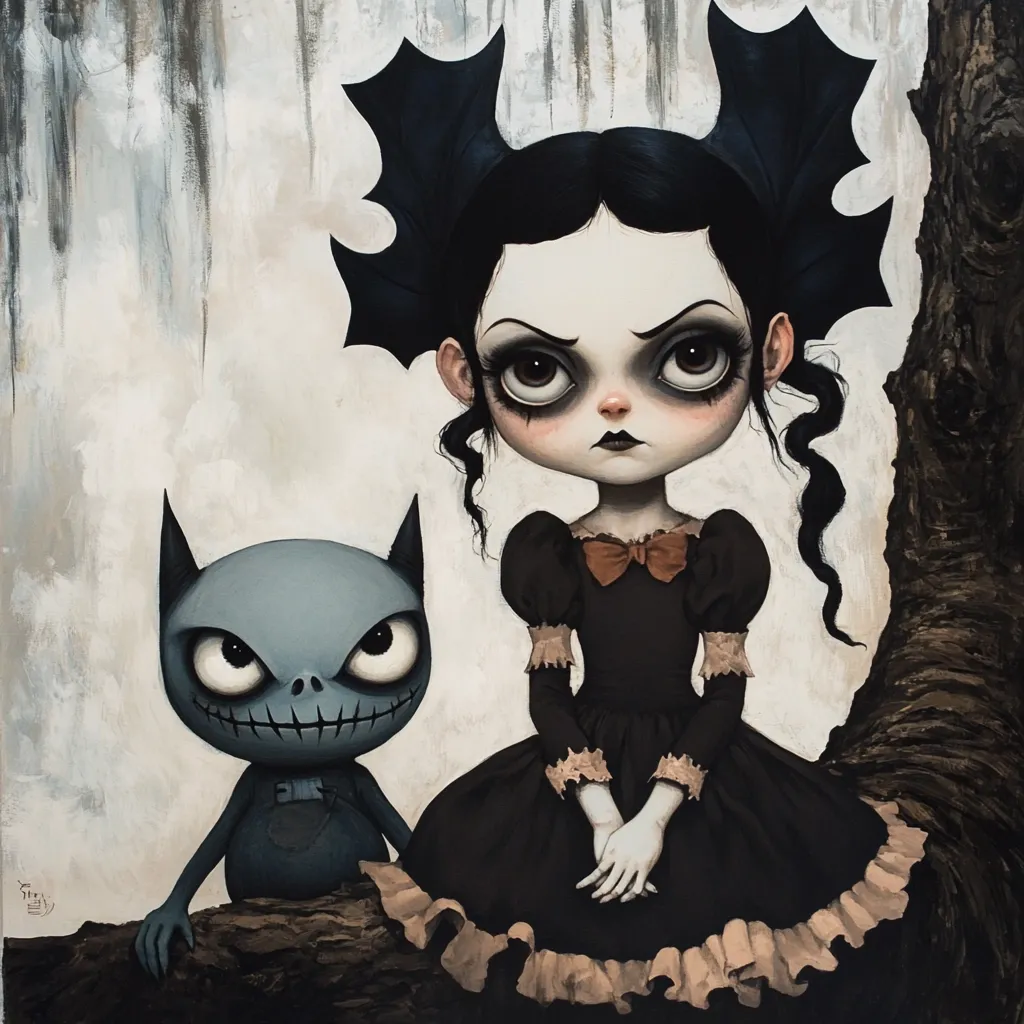 A dark-haired girl with large eyes and bat-like ears sits on a tree branch with her blue-grey cat. She wears a black dress with a brown bow and her cat has a large, toothy grin. The background is a muted gray and white, giving the scene a gloomy feel.