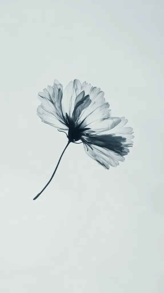 A single, delicate flower with thin, translucent petals, appears to be a cosmos, is the subject of this image. Its stem is slender and curves gently. The flower is in shades of gray, creating a stark contrast against the white background. The image conveys a sense of fragility and ethereal beauty.