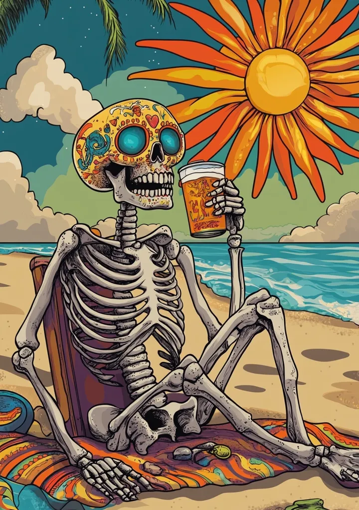 A skeleton with a colorful skull and sunglasses is sitting on a beach, relaxing in a lounge chair, with a glass of beer in its hand. It is a sunny day with a large, bright yellow sun depicted as a flower. The skeleton is wearing a colorful beach towel. The ocean is visible in the background.  The scene is whimsical and playful, with a Day of the Dead aesthetic.