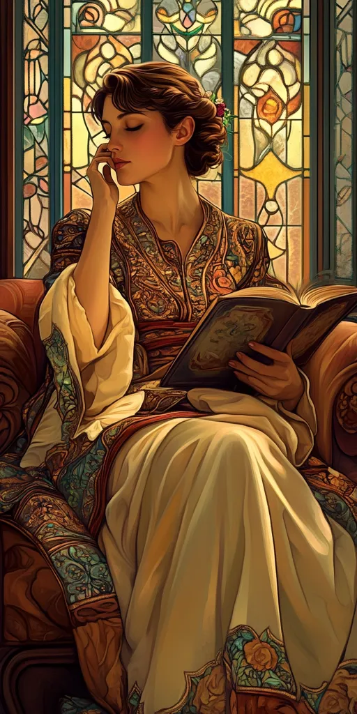 A woman in a richly patterned robe sits on a plush sofa, bathed in the warm glow of a stained glass window. She holds a book open in her lap, her eyes closed in contemplation. The intricate details of the fabric, the ornate book, and the stained glass create a sense of elegance and quiet introspection.