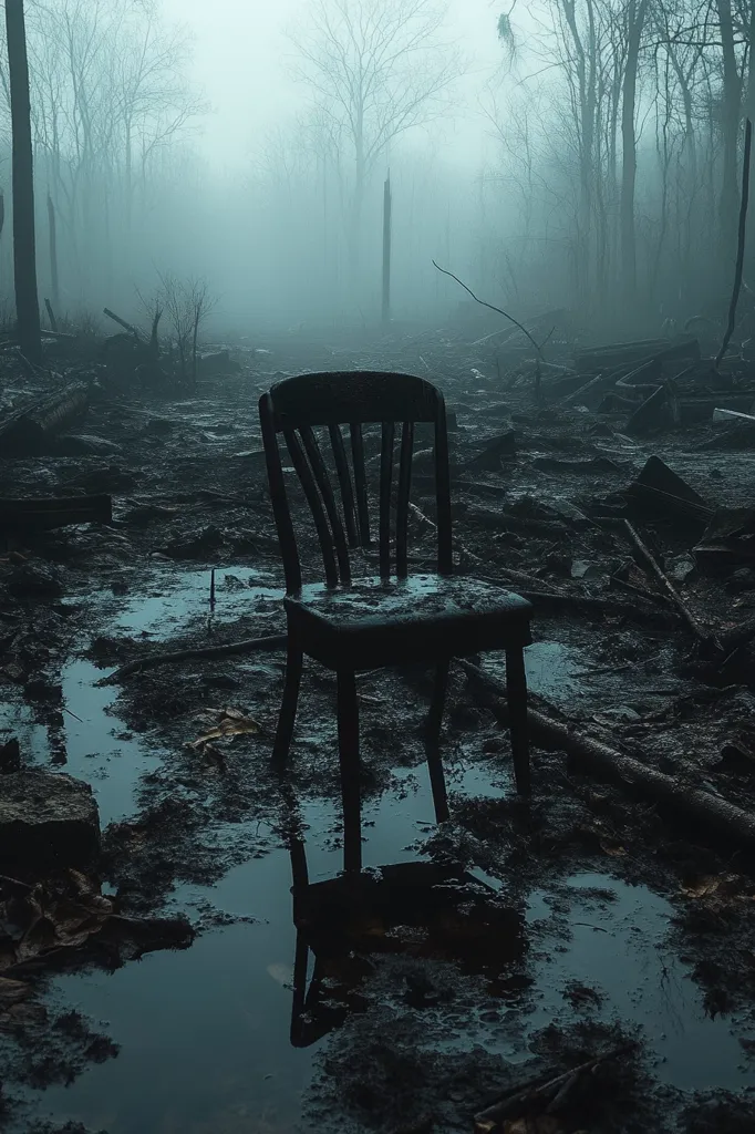 A lone chair stands in a misty, post-apocalyptic landscape. The ground is covered in debris and puddles, suggesting a recent disaster. The chair is silhouetted against the thick fog, its reflection mirroring the eerie atmosphere. The scene is both desolate and haunting, leaving the viewer to ponder the events that led to this desolate state.