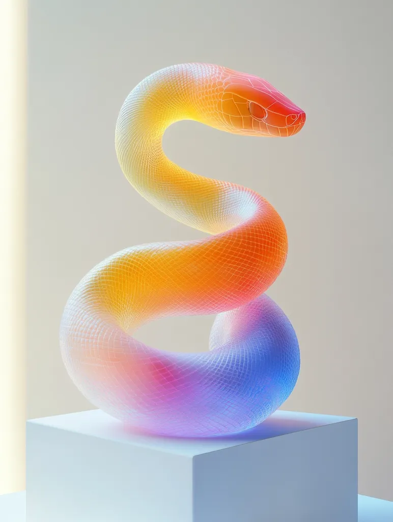A translucent, iridescent snake sculpture is coiled in a "S" shape. The sculpture is made of a material that appears to be glass or plastic, and it is lit from within, creating a glowing effect. The snake is a vibrant mix of colors, including red, orange, yellow, and blue, and its scales are visible. The sculpture is placed on a white pedestal, which emphasizes its colorful and ethereal quality. The background is a soft, muted gray. The entire image is a study in light and color, highlighting the beauty and grace of the sculpture.
