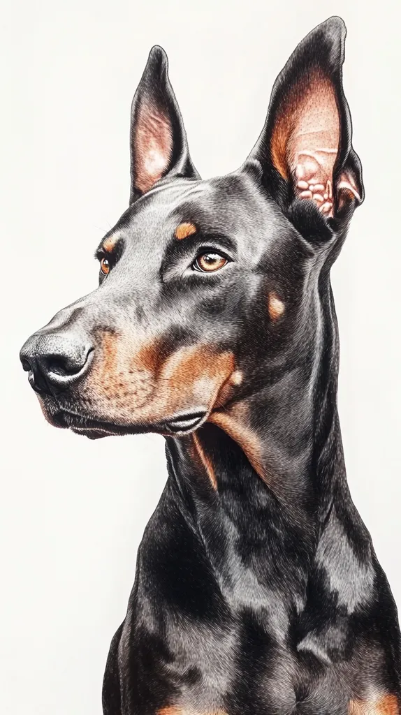 The image shows a detailed pencil drawing of a Doberman Pinscher. The dog is looking to the left with a serious expression. Its black coat is meticulously rendered with shading to create depth and texture. The dog's ears are large and erect, and its brown eyes are piercing. The white background highlights the dog's features and emphasizes the realism of the drawing.