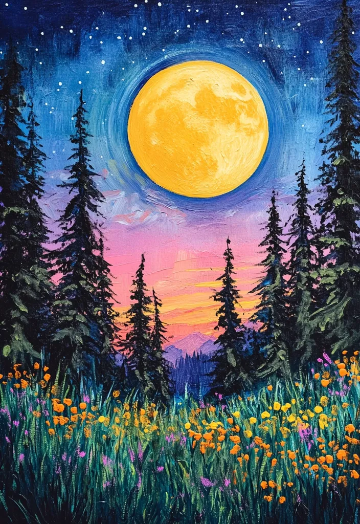 The image is a painting of a night sky with a large, full moon. The moon is a bright yellow color, and it is surrounded by a ring of blue and purple.  A stand of pine trees sits at the base of the painting and a field of bright yellow flowers is in the foreground.  The sky is full of small white stars. The colors of the painting are vibrant and bold, and the overall feeling is one of peace and tranquility.  It's a beautiful landscape, full of color and energy.