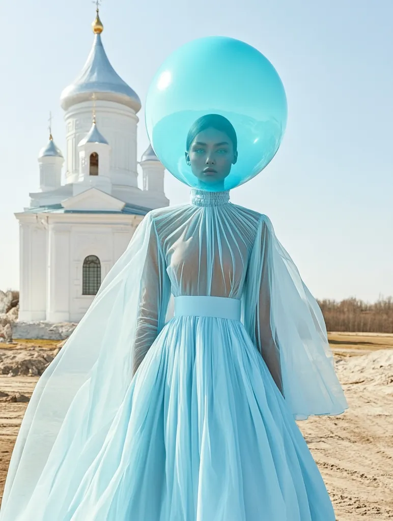 A woman in a flowing light blue dress stands in front of a white church, her head obscured by a large, transparent blue balloon. The balloon is held in place by a thin blue ribbon. Her dress has long, flowing sleeves and a full skirt. The background is a deserted, sandy field with a small, bare tree in the distance. The woman’s expression is serious, her eyes gazing directly at the camera. The image evokes a sense of mystery and surrealism.