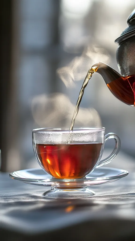 A steaming cup of tea is being poured from a teapot. The tea is a rich amber color and the steam creates a hazy atmosphere. The cup and saucer are clear glass, allowing the tea to shine through. The image is a simple yet elegant depiction of a moment of quiet relaxation.