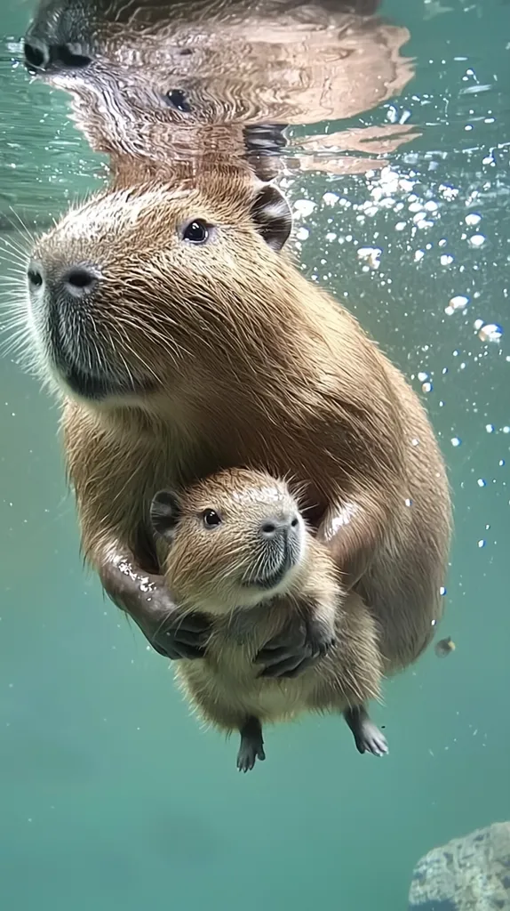 A large capybara swims underwater, holding a small capybara in its paws. Both capybaras are facing the camera with a serene expression. The larger capybara's body is partially submerged, while the smaller one is completely submerged. The background is a blurry green and blue, with bubbles scattered throughout the water. The image captures a heartwarming moment of a mother capybara caring for its young one.