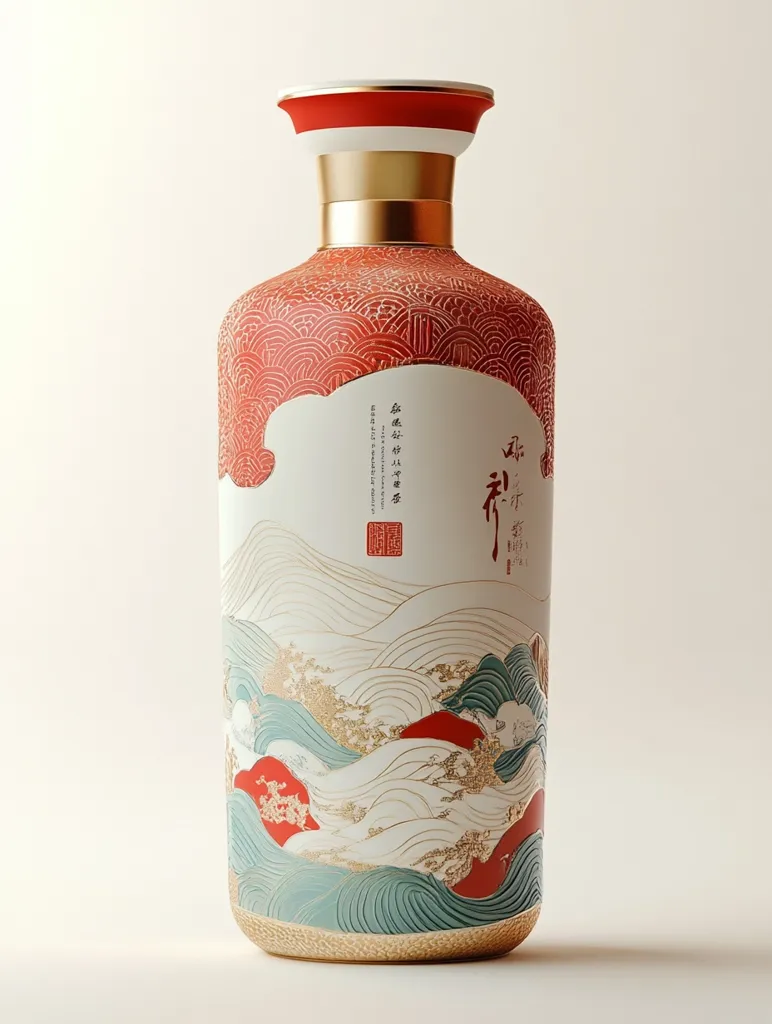 A ceramic bottle with a red, gold, and white design sits on a white surface. The bottle has a wide, rounded body and a narrow neck with a red and gold cap.  The design features a stylized landscape of rolling waves with gold accents. The bottle is labeled in Chinese characters.  The bottle has a unique and artistic aesthetic.