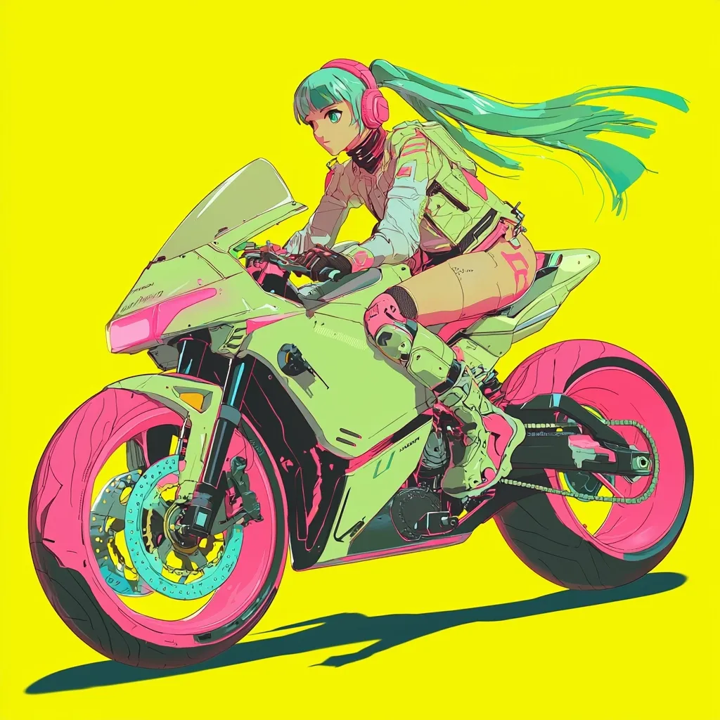 A young woman with long turquoise hair, wearing headphones and a white jacket, sits on a green motorcycle with pink accents. The motorcycle has a large pink front tire and a smaller pink rear tire. The scene is set against a bright yellow background, creating a vibrant and futuristic aesthetic. The woman's determined expression and the sleek lines of the motorcycle suggest a sense of speed and action.