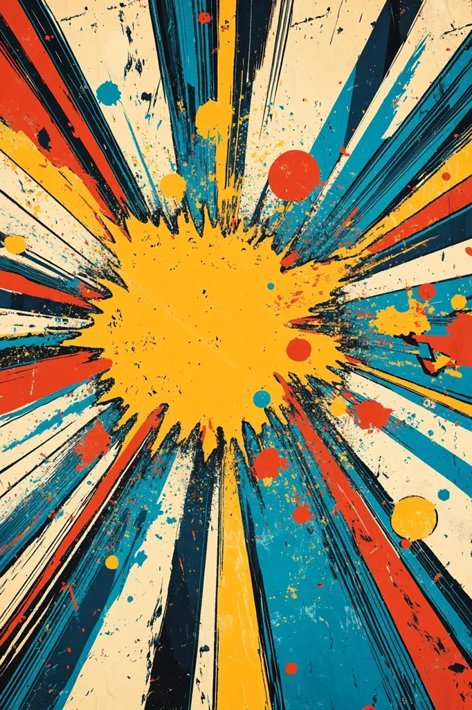 The image is a colorful, abstract design with a central yellow splatter surrounded by radiating lines in red, blue, yellow, black and white. The lines are thick and have a grunge texture. There are also smaller splatters of various colors throughout the image, adding to the overall chaotic and energetic feel. The background is a faded beige color, creating a sense of depth and age.