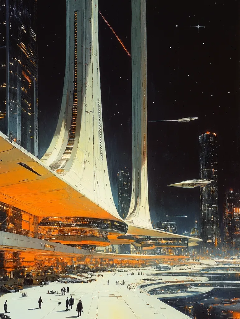 The image depicts a futuristic cityscape bathed in the soft glow of an urban night. Two colossal, cylindrical structures dominate the foreground, their gleaming white surfaces reflecting the twinkling stars overhead. The city below is a labyrinth of interconnected platforms and walkways, bustling with activity. In the distance, a spaceship soars through the night sky, leaving a trail of light. The scene evokes a sense of wonder and possibility, suggesting a world where technology and human ingenuity have intertwined to create a breathtaking urban landscape.