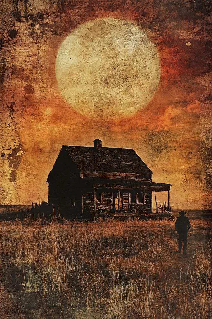 A lone figure stands in front of a rustic, wooden cabin, silhouetted against the backdrop of a large, glowing moon. The scene is painted in warm tones of orange and brown, with a textured, almost distressed, background, evoking a sense of time and isolation. The figure's posture and the surrounding landscape suggest a feeling of solitude and perhaps even mystery.
