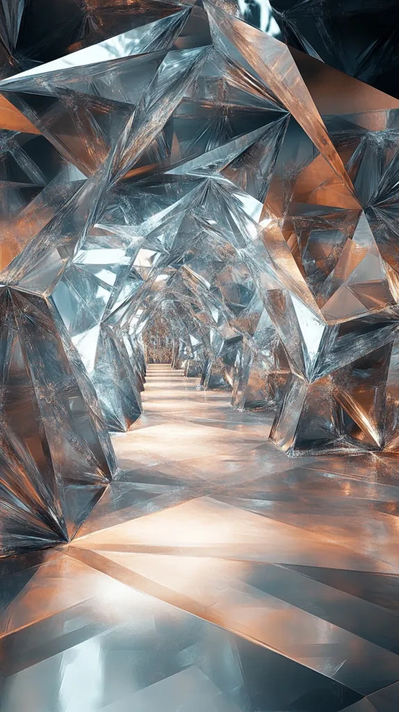 A long, narrow hallway is formed by a series of geometric shapes that appear to be made of metallic material. The walls are composed of sharp, angled planes that reflect light, creating a sense of depth and dimension. The floor is a smooth, polished surface that reflects the light coming from the entrance of the hallway. The overall effect is one of futuristic architecture, a cool and impersonal space.