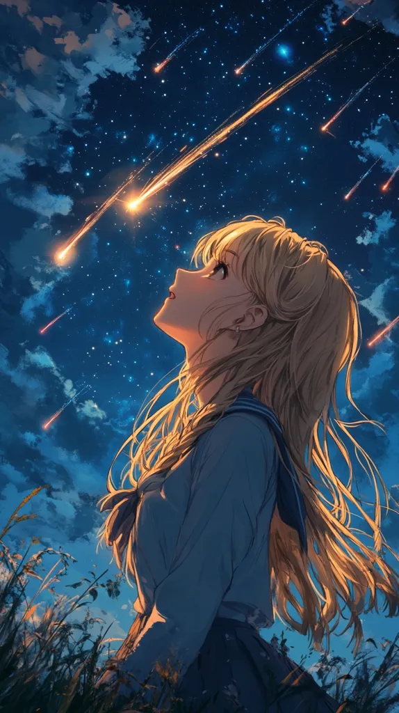 A young anime girl with long blonde hair is standing in a field, looking up at a night sky filled with stars and shooting stars. She is wearing a blue and white sailor uniform and has a wistful expression on her face. The image is rendered in a soft, dreamy style, with a focus on the girl's emotional state and the beauty of the night sky.