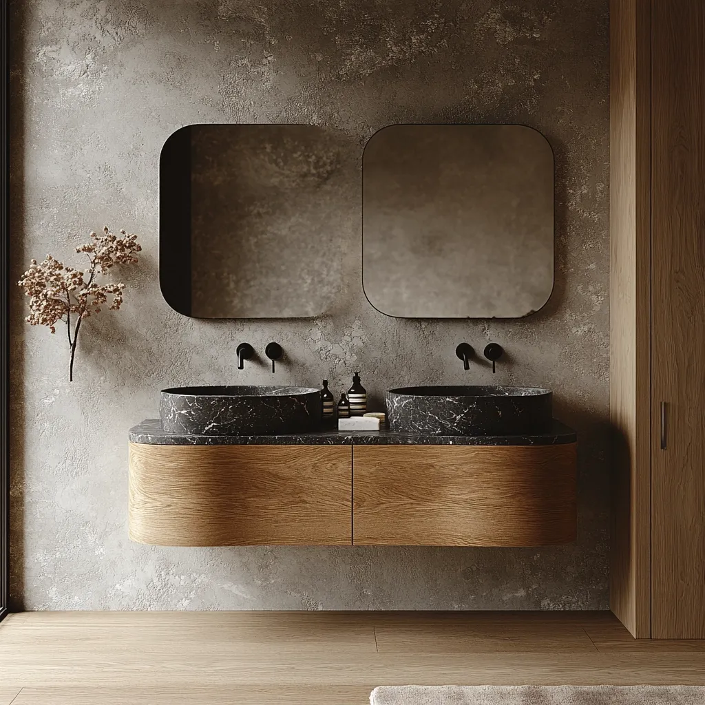 The image shows a modern bathroom with a sleek design. Two black, round sinks sit on a curved wooden vanity with two cabinets. Two square, framed mirrors hang above the sinks, and black faucets are attached to the wall. The bathroom has a rough, textured, grey wall and a wood floor. A wooden door stands to the right of the sinks. The image is minimalistic and modern, with a focus on clean lines and natural materials.  A dried flower arrangement sits on the floor.  A white rug sits in the foreground.