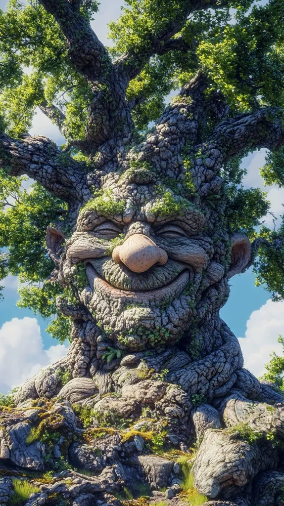 The image depicts a large, ancient tree with a human-like face. The tree's bark is textured and gnarled, with moss and vines growing over it. It has a wide, toothy grin and a large, bulbous nose. The tree is set against a backdrop of a blue sky with white clouds, and the ground around it is covered in rocks and foliage. The image has a fantastical, almost mythical feel to it, suggesting that the tree is a magical being.