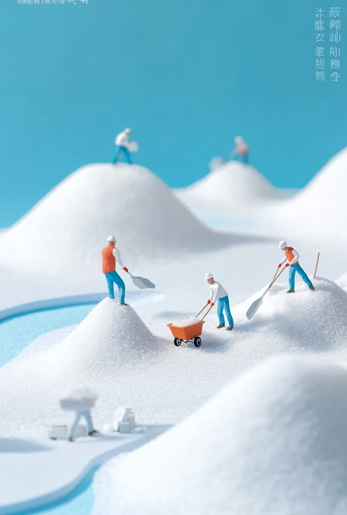 The image shows a miniature scene with tiny people working on a landscape of white sand dunes against a blue background. Three people are using shovels and a wheelbarrow to move the sand.  One person stands on a hill in the distance. The scene is playful and whimsical, with a focus on the miniature scale of the people and the surreal nature of the landscape.