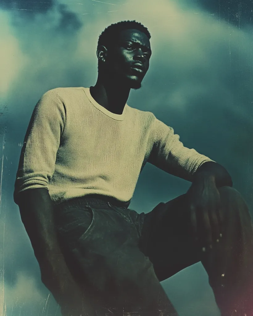 The image features a young Black man with a serious expression. He is wearing a light-colored sweater and dark pants. His pose suggests confidence and strength. The background is a blurred and faded blue, suggesting a sense of time and memory. The image is likely a portrait, capturing the subject's essence and personality.