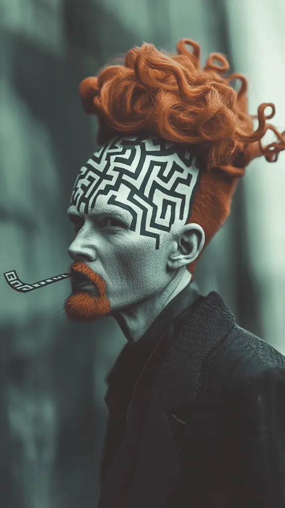 A man with a maze drawn on his face stares off to the side.  He has a wild orange hairstyle and is wearing a black jacket. He is holding a black pipe in his mouth with a hint of smoke.  The image is dark and moody, and the man's expression is intense.  The background is a blurry green, emphasizing the man's sharp features.  The image evokes a sense of mystery and intrigue.