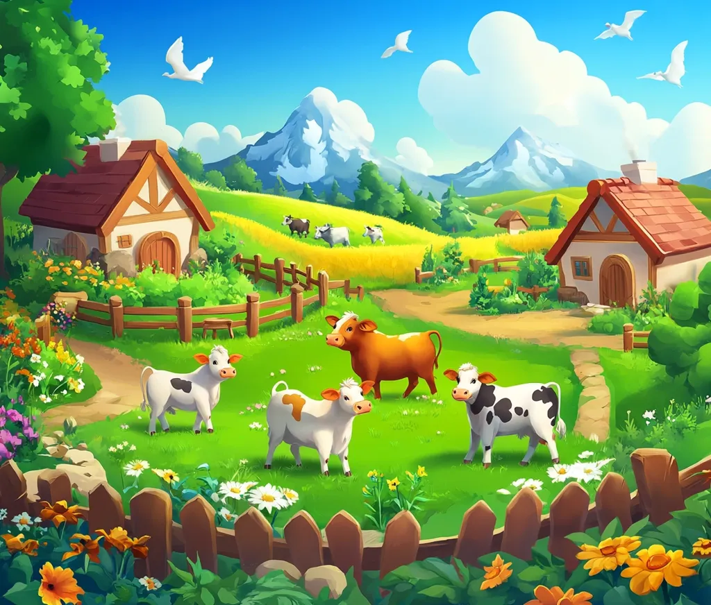 A picturesque rural scene unfolds, showcasing a lush green meadow with four adorable cows grazing peacefully. Two charming cottages with white walls and red-tiled roofs stand nestled amidst rolling hills and a backdrop of snow-capped mountains. The sky is a vibrant blue, adorned with fluffy white clouds, and birds soar overhead, adding to the idyllic charm of the landscape.