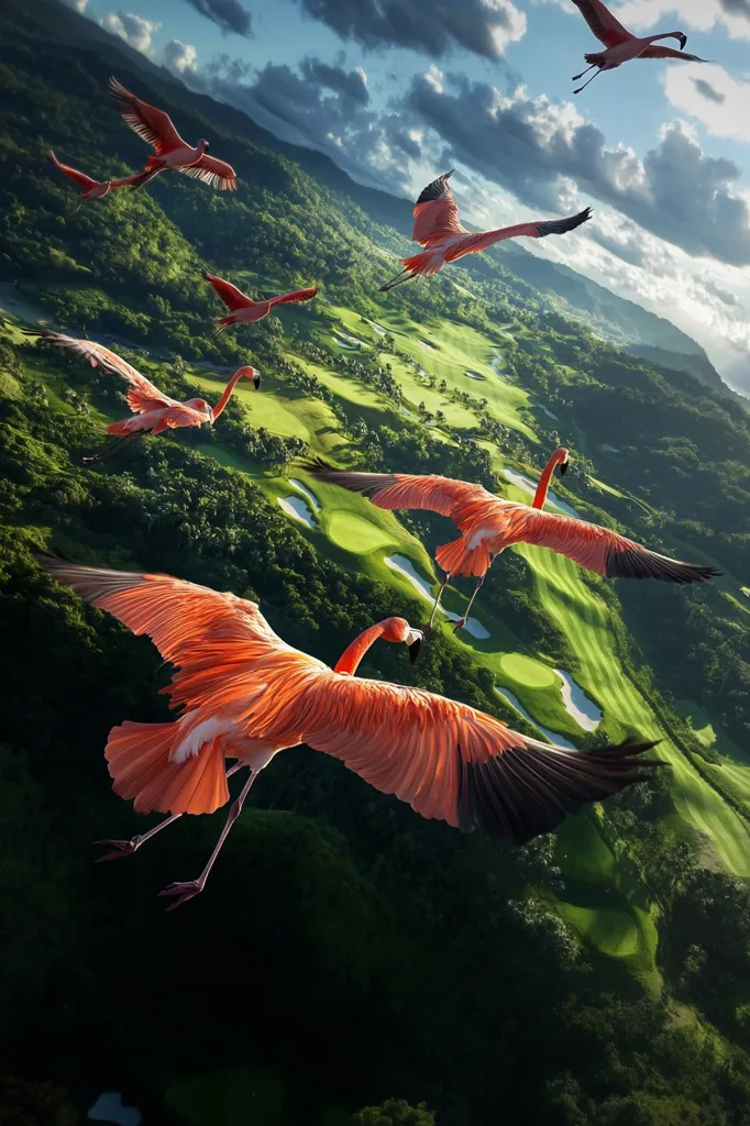 A flock of flamingos fly over a lush green golf course, their pink feathers contrasting with the vibrant green landscape. The sky is a bright blue, with fluffy white clouds. The flamingos are in formation, their wings outstretched as they soar through the air. The image captures a sense of freedom and tranquility.