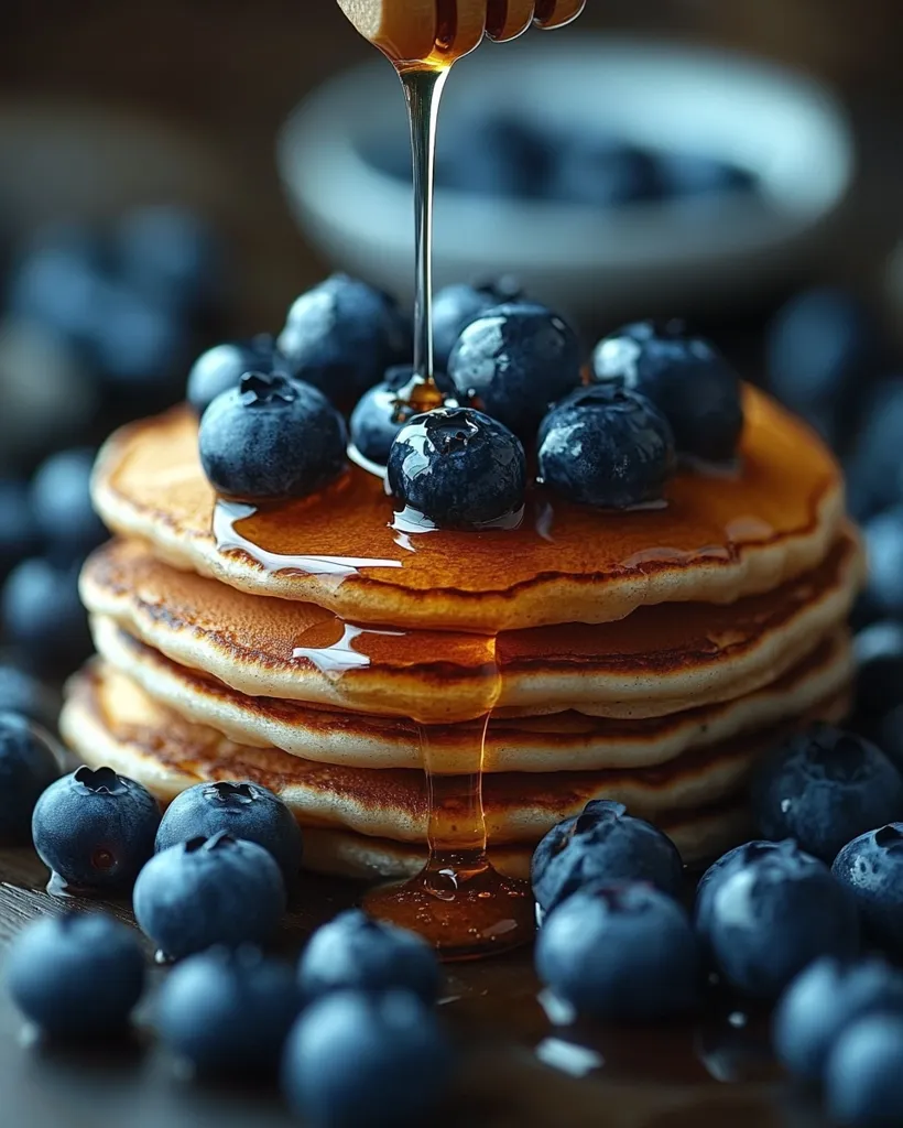 A stack of fluffy pancakes, drizzled with golden syrup, is surrounded by plump blueberries. The pancakes are a light brown color, and the syrup is glistening and thick. The blueberries are scattered around the pancakes, adding a pop of color and sweetness.  The image is warm and inviting, perfect for showcasing a delicious breakfast or dessert.