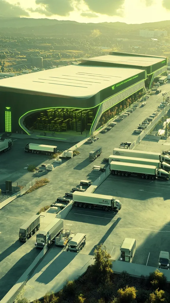 A large, futuristic warehouse complex with a white roof and green accents sits in a hilly, industrial landscape. The building is surrounded by a large parking lot filled with semi-trailer trucks and other vehicles. The scene is bathed in warm, golden sunlight. The overall atmosphere is one of efficiency and modern industrial design.