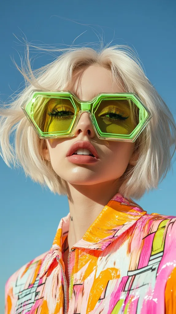 The image features a young woman with short blonde hair, wearing a brightly colored, abstract-patterned jacket and a pair of oversized, neon green sunglasses. The sunglasses are a geometric shape with a sharp, angular frame. She has a confident expression and her lips are slightly parted. The backdrop is a clear blue sky. The overall image has a bold, playful, and stylish feel.