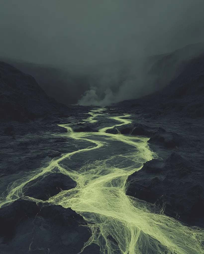 A winding river of glowing green water flows through a dark, rocky landscape. The air is thick with mist, shrouding the surrounding hills in an ethereal haze. The scene is both beautiful and unsettling, like a glimpse into a forgotten world.
