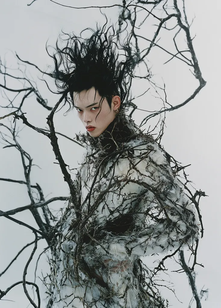 A person with long, dark hair is surrounded by a tangled web of bare branches. The person is dressed in a white, textured outfit that blends with the branches. Their expression is intense, their eyes looking directly at the viewer. The overall image is dark and mysterious, creating a sense of tension and unease.
