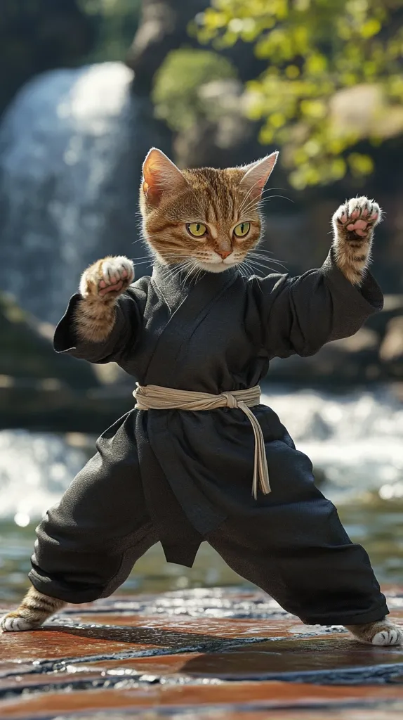 A tabby cat dressed in a black karate uniform with a tan belt stands in a fighting stance with one arm extended and the other bent at the elbow. The cat is focused on something out of frame. It appears to be standing on a wooden platform in front of a waterfall.  The background is blurred, suggesting the cat is in a forest. The photo is humorous, showing a cat dressed as a martial arts fighter.