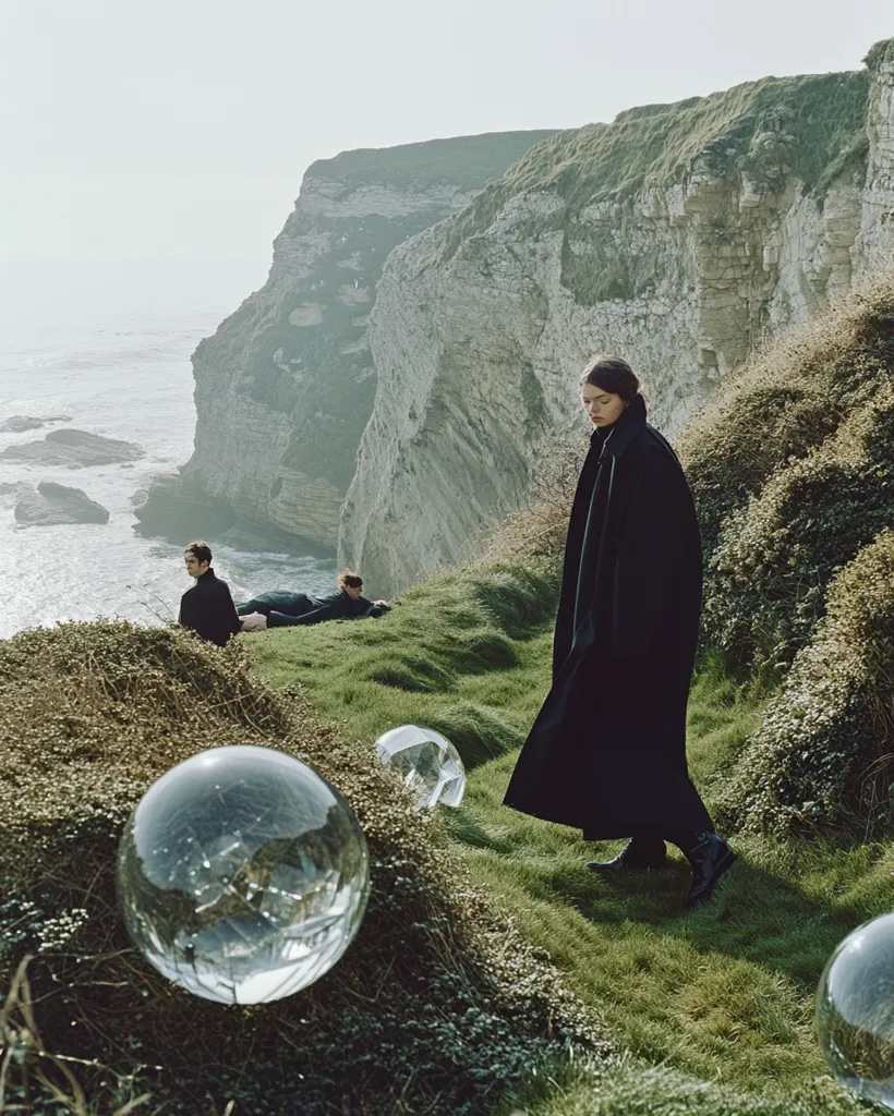 A woman in a black coat stands on a grassy cliff overlooking the sea. A large, white cliff rises behind her. Two figures sit in the grass below her, and a large, clear bubble rests in the grass in front of her. The sky is a pale blue.  The image has a mysterious, ethereal quality.