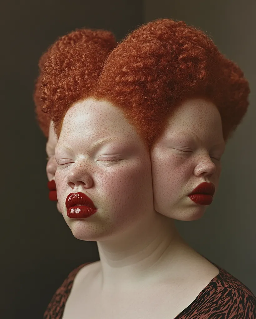 The image depicts a woman with two faces and a single body. Both faces have red hair, freckles, and closed eyes. The woman is wearing bright red lipstick and a leopard-print top. The background is a muted brown, creating a contrast with the woman's bright features. The overall effect is one of surrealism and otherworldly beauty.