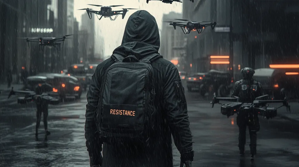 A hooded figure with a backpack emblazoned with the word \