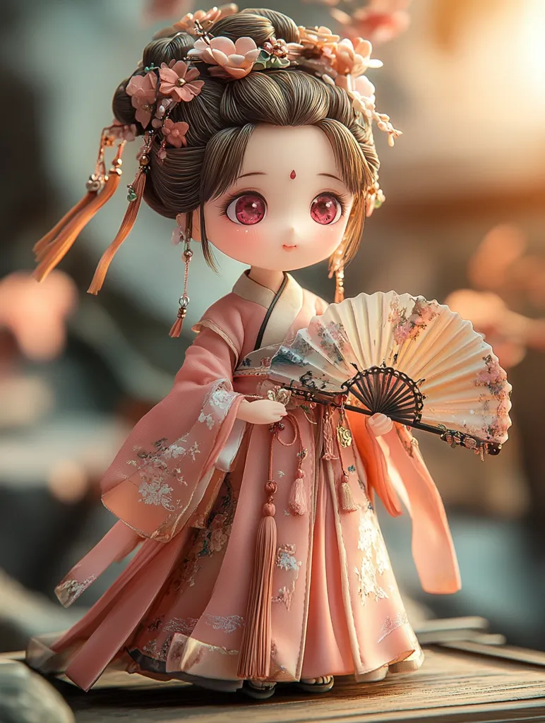 The image is of a beautiful doll dressed in a traditional Chinese dress. She has large, expressive eyes and a delicate face. She is adorned with a beautiful floral headpiece and holds a folding fan in her hand. The doll is wearing a soft pink dress with intricate floral designs and long flowing sleeves. Her dress is accented with delicate tassels and pearls. The doll is posed gracefully on a wooden surface. The background is blurred, drawing focus to the doll. The overall image evokes a sense of elegance and traditional beauty.
